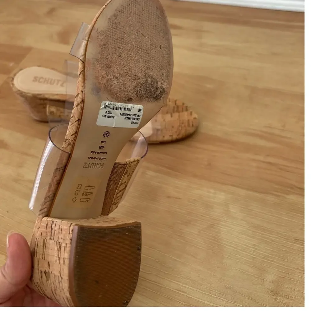 Schutz Clear Cork Shoes Victorie Sandal 9B $140 Vinyl Leather Boho Heel Slip on